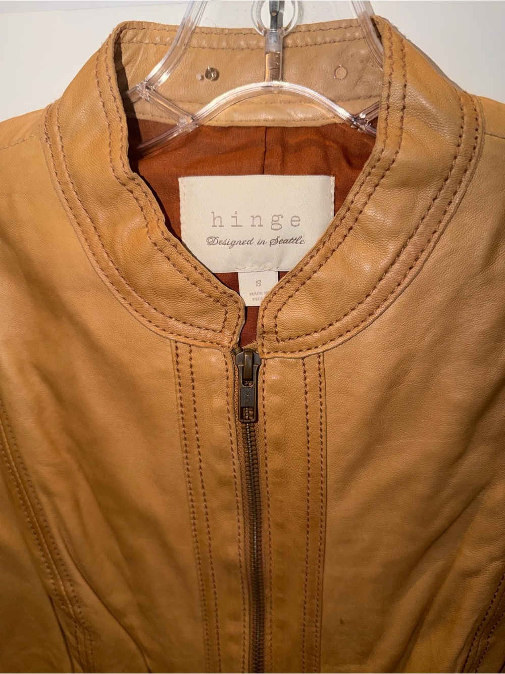 Hinge (Nordstrom) Tan Leather Jacket with Ruffle Detail Small - Picture 3 of 7